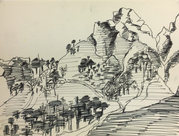 Mountains Original Art - Mountain Sketch, French, c. 1970