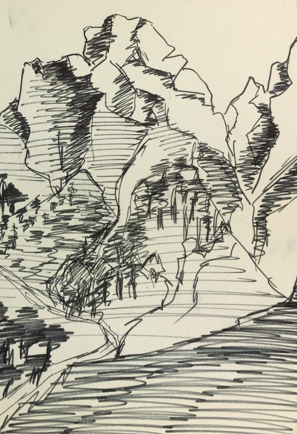 Mountains Original Art - Mountain Sketch, French, c. 1970