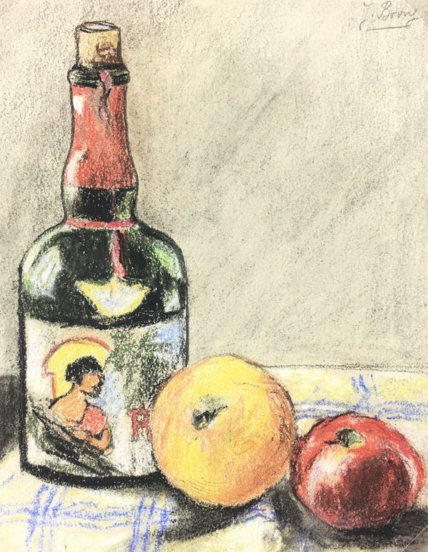 Still Life Original Art - Bottle and Fruit, French, c. 1950