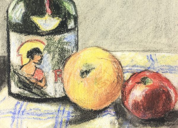 Still Life Original Art - Bottle and Fruit, French, c. 1950