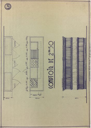 Technical Drawing Original Art - Cafe Bar Counter, French Cafe Blue Print, C.1940