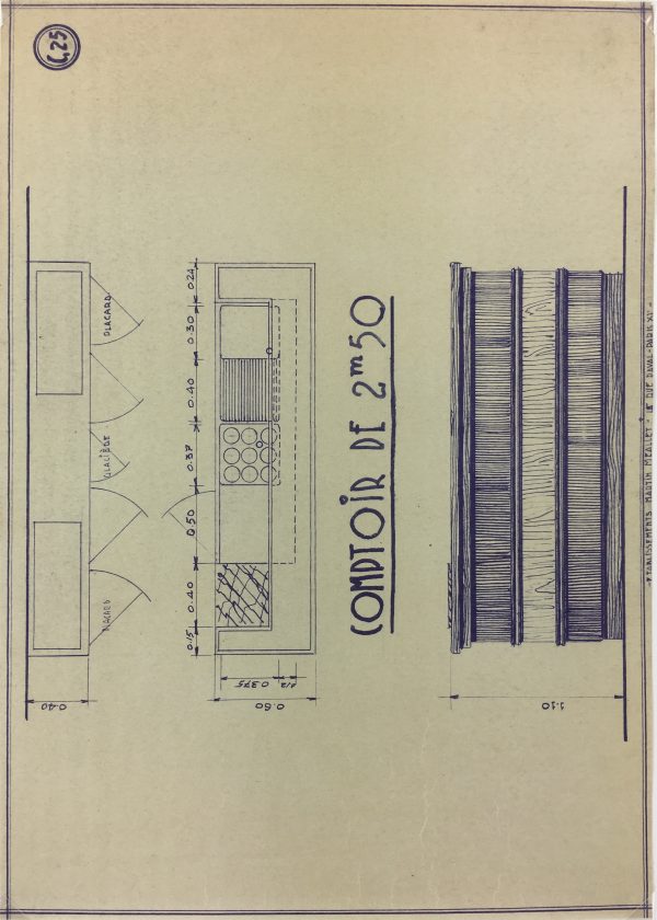 Technical Drawing Original Art - Cafe Bar Counter, French Cafe Blue Print, C.1940