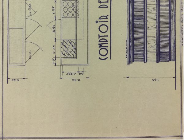 Technical Drawing Original Art - Cafe Bar Counter, French Cafe Blue Print, C.1940