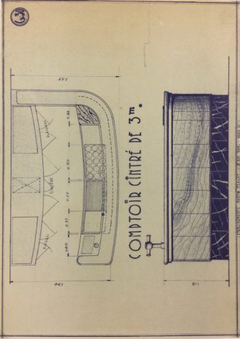 Technical Drawing Original Art - Cafe Bar Counter, French Cafe Blue Print, C.1940