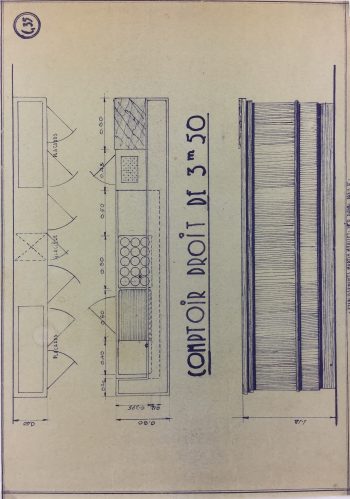Technical Drawing Original Art - Cafe Bar Counter, French Cafe Blue Print, C.1940
