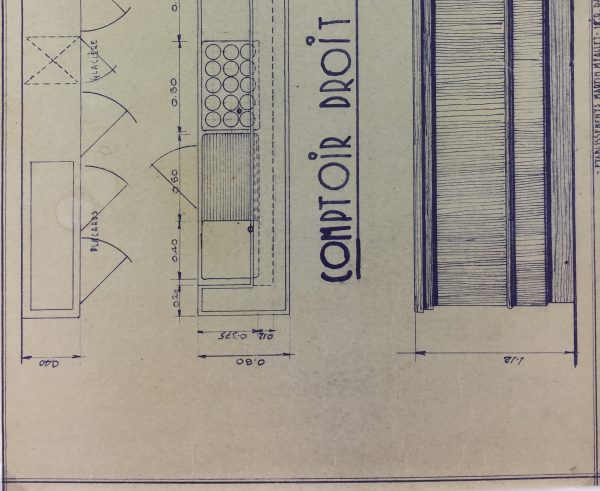 Technical Drawing Original Art - Cafe Bar Counter, French Cafe Blue Print, C.1940